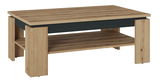 Moderner Couchtisch aus Holz mit zusätzlicher Ablagefläche, seitliche Perspektive