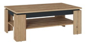 Moderner Couchtisch aus Holz mit zusätzlicher Ablagefläche, seitliche Perspektive