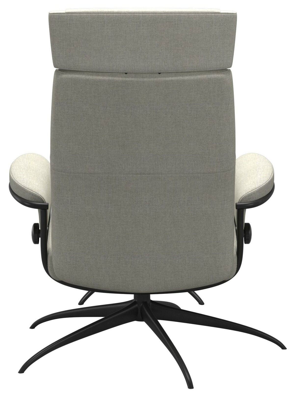 Rückansicht eines grauen Einzelsessels mit Kopfstütze und schwarzem Drehfuß.