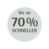 Runder Aufkleber mit der Aufschrift 'bis zu 70% schneller', Vorderansicht