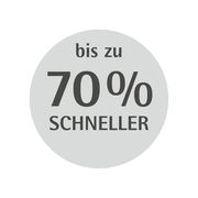 Runder Aufkleber mit der Aufschrift 'bis zu 70% schneller', Vorderansicht