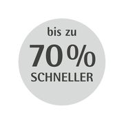 Runder Aufkleber mit der Aufschrift 'bis zu 70% schneller', Vorderansicht