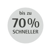 Runder Aufkleber mit der Aufschrift 'bis zu 70% schneller', Vorderansicht