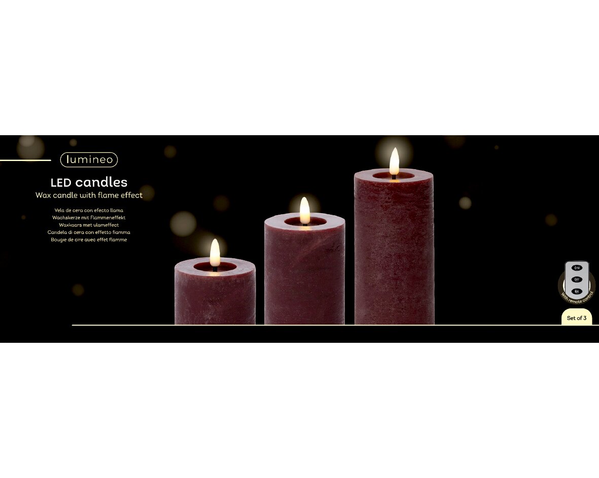 Lumineo LED-Wachskerzen 3-tlg. mit Fernbedienung Drei LED-Kerzen aus Wachs mit Flammeneffekt in verschiedenen Höhen, frontal betrachtet, mit Fernbedienung.