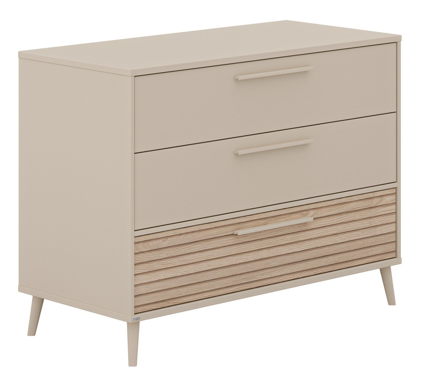 Breite Kommode mit zwei glatten Schubladen und einer unteren Schublade mit Holzoptik, seitliche Perspektive