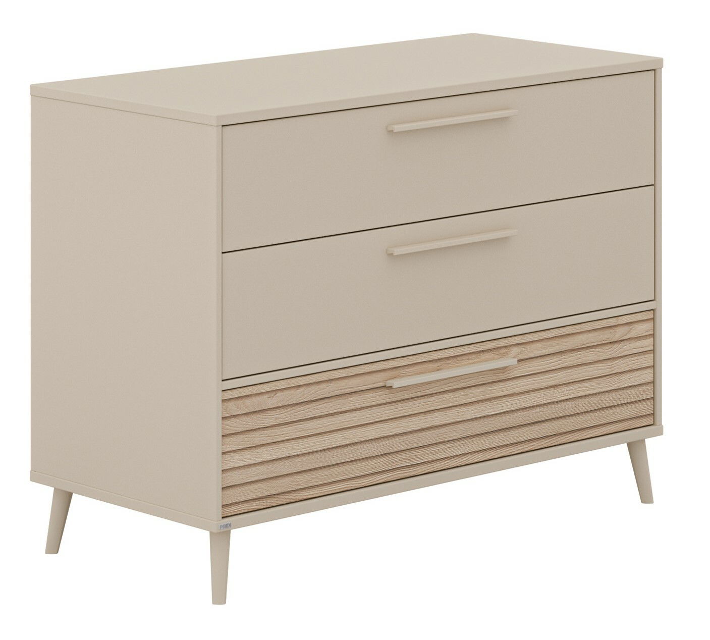 Breite Kommode mit zwei glatten Schubladen und einer unteren Schublade mit Holzoptik, seitliche Perspektive