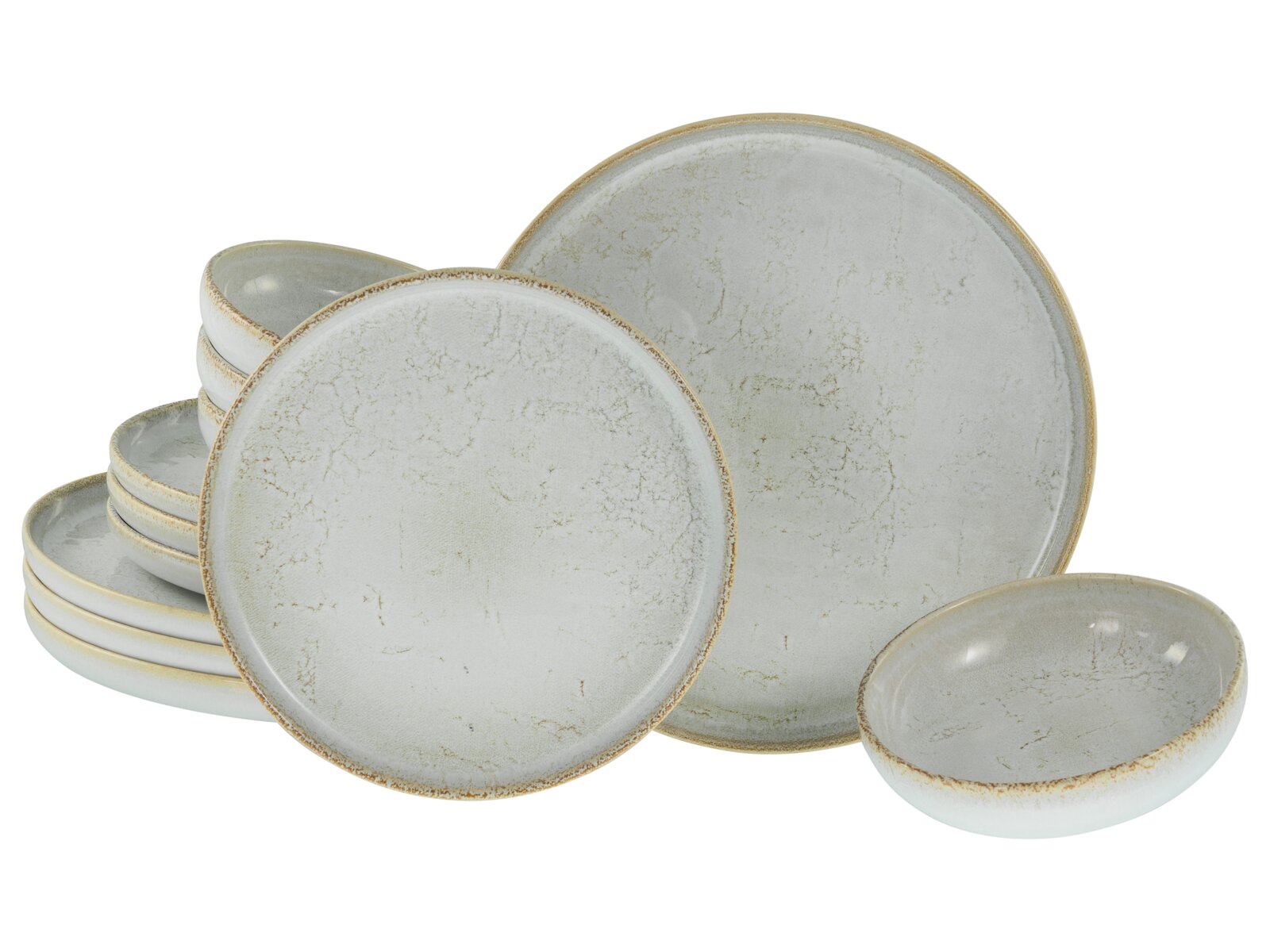Creatable Tellerset 12-tlg UNO Keramik-Geschirrset in hellgrau/creme mit gesprenkelter Glasur und braunem Rand, bestehend aus Tellern und Schalen, frontal in leicht schräger Perspektive auf weißem Hintergrund arrangiert