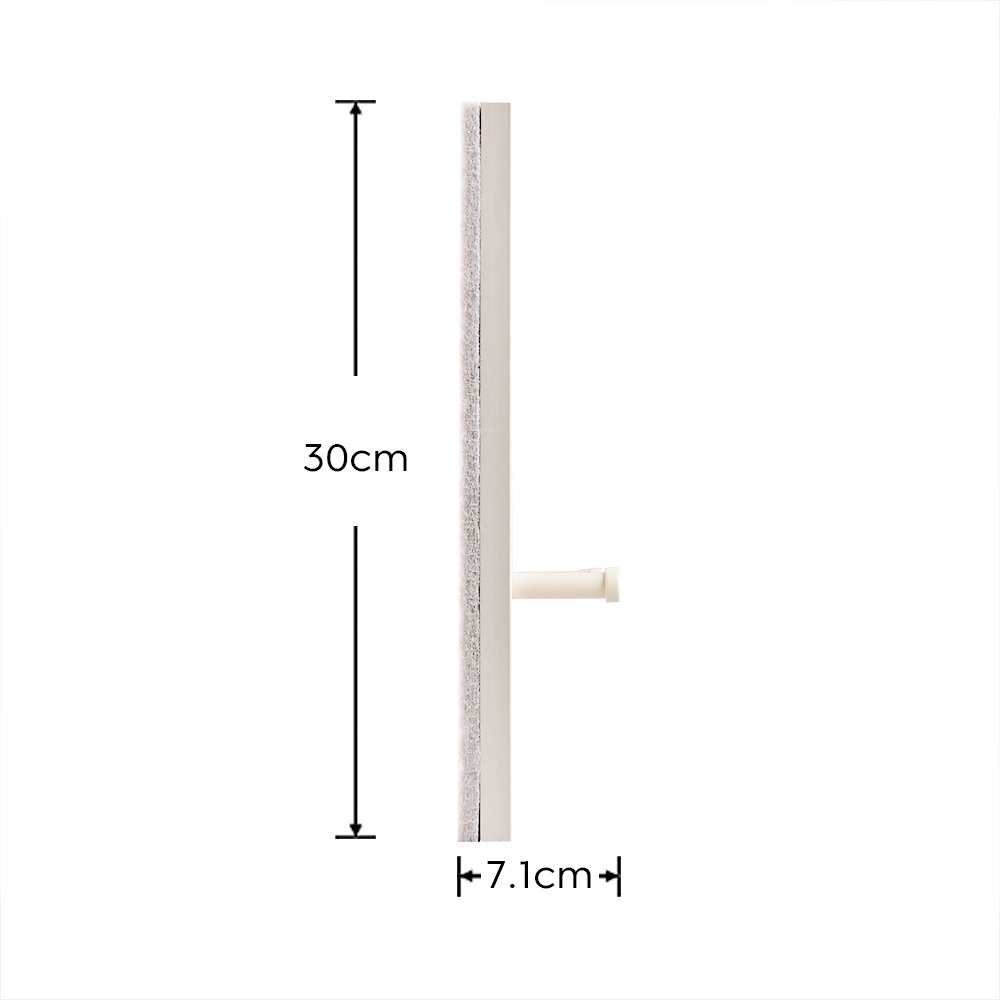 Zijaanzicht van een witte muurhaak/plankhouder met viltlaag, afmetingen ca. 30 cm hoog en 7,1 cm diep, vrijstaand op een witte achtergrond