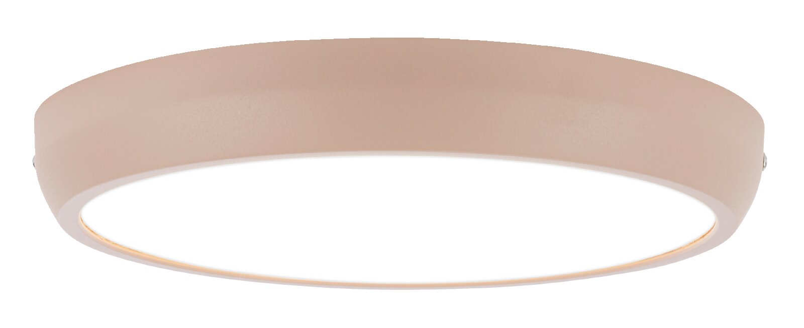 Ronde plafondlamp met matte beige kap en geïntegreerde LED-lichtbron, gezien in frontaal zijaanzicht op witte achtergrond