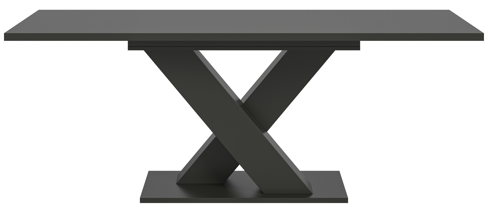 Moderner Esstisch mit X-förmigem Gestell in dunkler Farbe, Frontalansicht