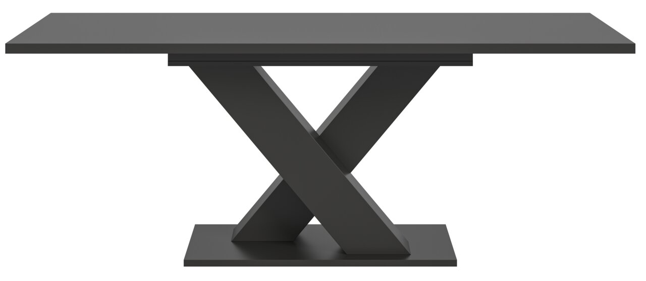 Moderner Esstisch mit X-förmigem Gestell in dunkler Farbe, Frontalansicht