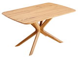 Moderner Esstisch aus Holz mit einzigartigem X-förmigem Untergestell, seitliche Perspektive