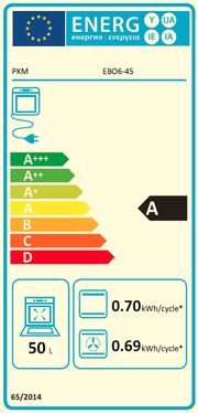 EU-Energielabel für einen Backofen (Modell EB06-45) mit Effizienzklasse A, 50 L, Verbrauch 0,70 kWh/Zyklus (konventionell) und 0,69 kWh/Zyklus (Umluft), frontale Ansicht
