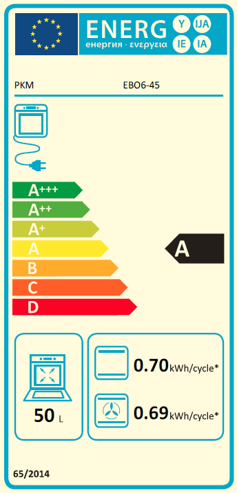EU-Energielabel für einen Backofen (Modell EB06-45) mit Effizienzklasse A, 50 L, Verbrauch 0,70 kWh/Zyklus (konventionell) und 0,69 kWh/Zyklus (Umluft), frontale Ansicht