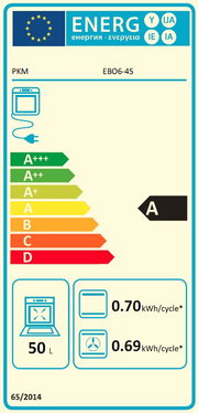 EU-energielabel voor een oven (model EB06-45) met energieklasse A, 50 l, verbruik 0,70 kWh/cyclus (conventioneel) en 0,69 kWh/cyclus (hetelucht), vooraanzicht