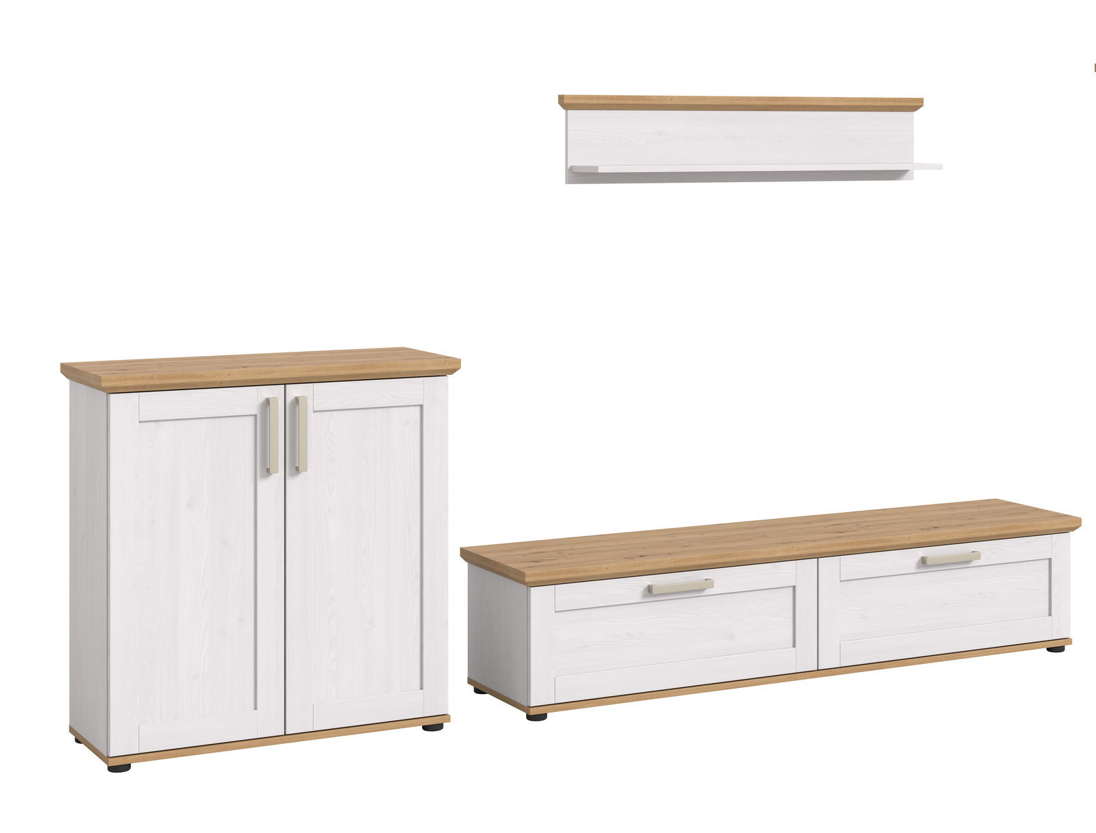 MID.YOU Wohnkombination VERONA Wohnkombination bestehend aus einem weißen Schrank mit zwei Türen und einem niedrigen TV-Board mit zwei Schubladen, beide mit Holzoberflächen. Perspektive: Frontalansicht.