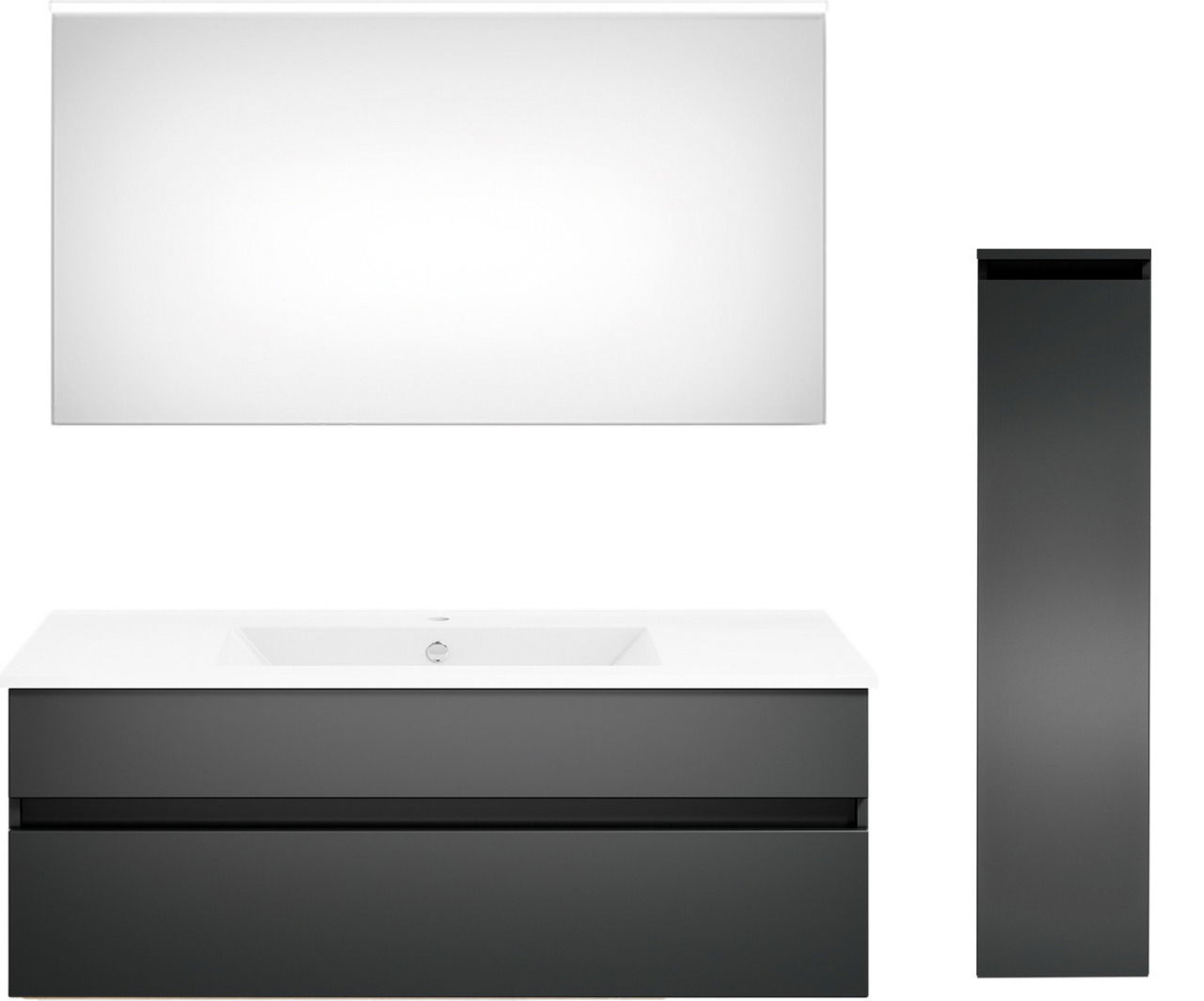 Moderne Badkombination mit großem Spiegel, Waschbeckenunterschrank und hohem Seitenschrank in schwarzem Design, Frontalansicht.