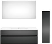 Moderne Badkombination mit großem Spiegel, Waschbeckenunterschrank und hohem Seitenschrank in schwarzem Design, Frontalansicht.