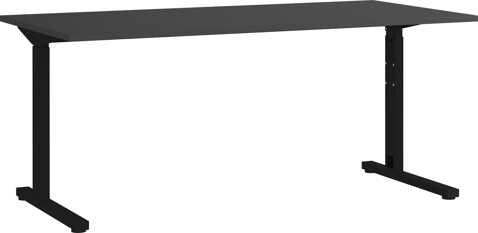 Moderner Schreibtisch mit schwarzem Gestell und dunkler Tischplatte, seitliche Perspektive