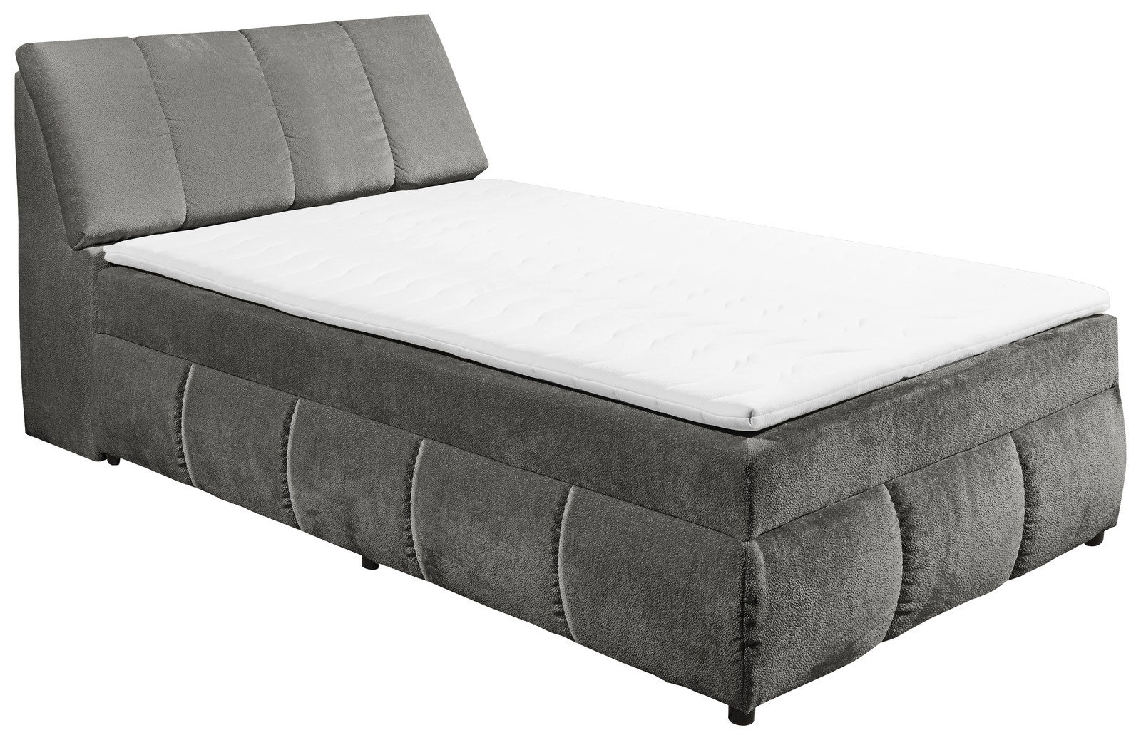 Graues Boxspringbett mit gepolstertem Kopfteil, seitliche Perspektive