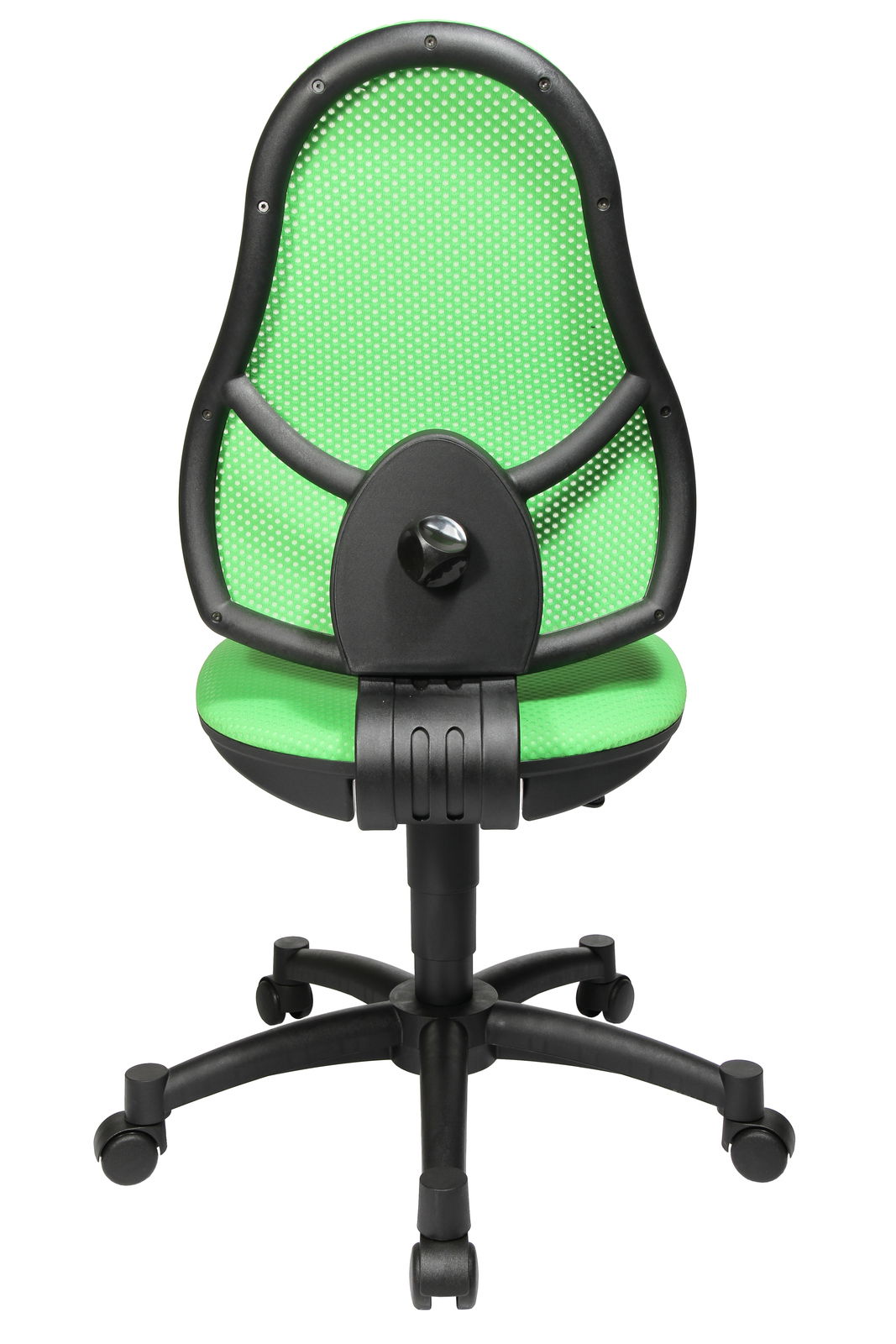 Grüner Drehstuhl mit schwarzem Rahmen, Ansicht von hinten