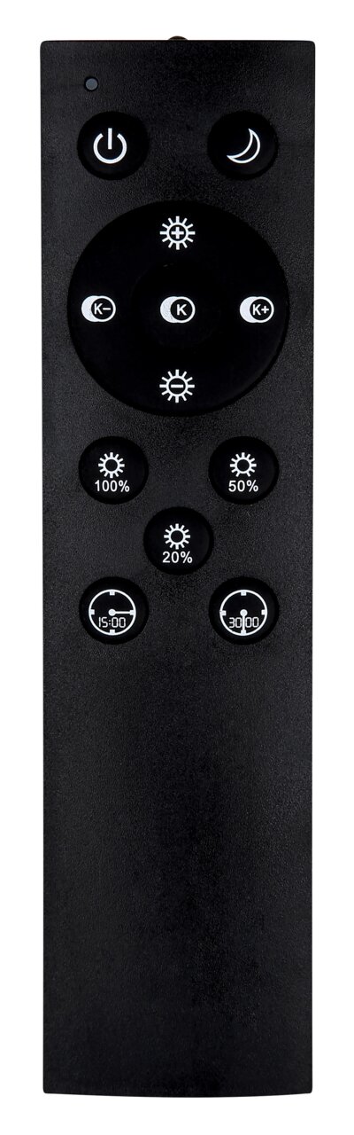 Schwarze Fernbedienung für Deckenleuchte, frontal abgebildet mit verschiedenen Tasten zur Steuerung der Lichtintensität und Farbtemperatur.