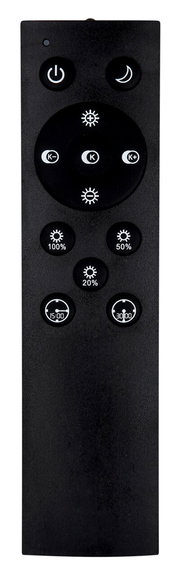 Schwarze Fernbedienung für Deckenleuchte, frontal abgebildet mit verschiedenen Tasten zur Steuerung der Lichtintensität und Farbtemperatur.