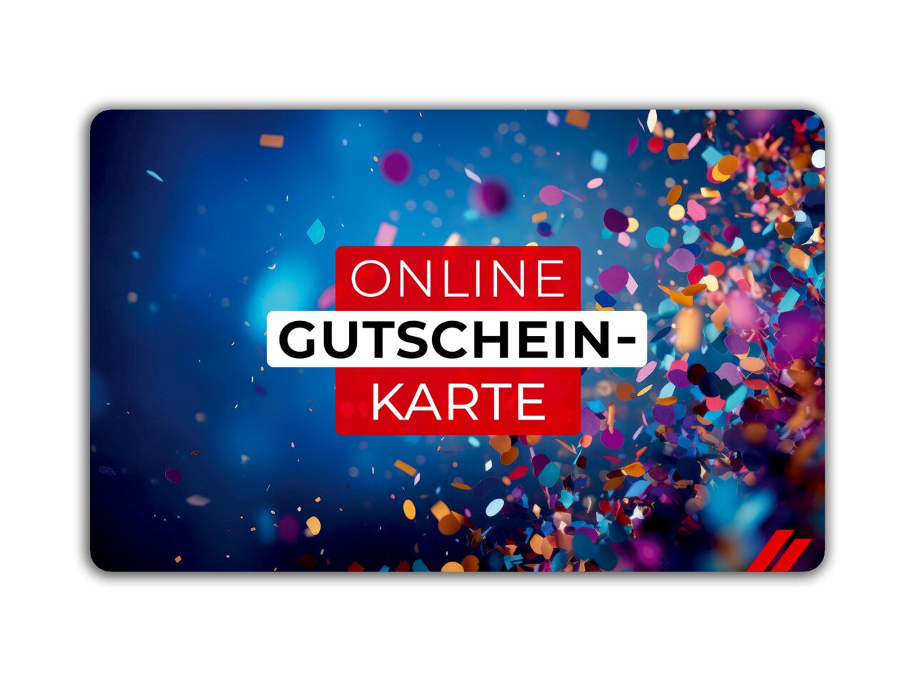 Digitale Geschenkkarte mit buntem Konfetti-Design und der Aufschrift 'Online Gutscheinkarte', frontal abgebildet.