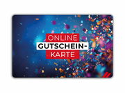 Digitale Geschenkkarte mit buntem Konfetti-Design und der Aufschrift 'Online Gutscheinkarte', frontal abgebildet.