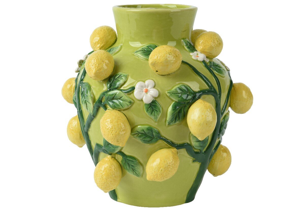 Keramikvase mit Zitronen- und Blumenrelief, Vorderansicht