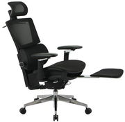 Moderner schwarzer Chefsessel mit verstellbarer Kopfstütze und Fußstütze, seitliche Perspektive