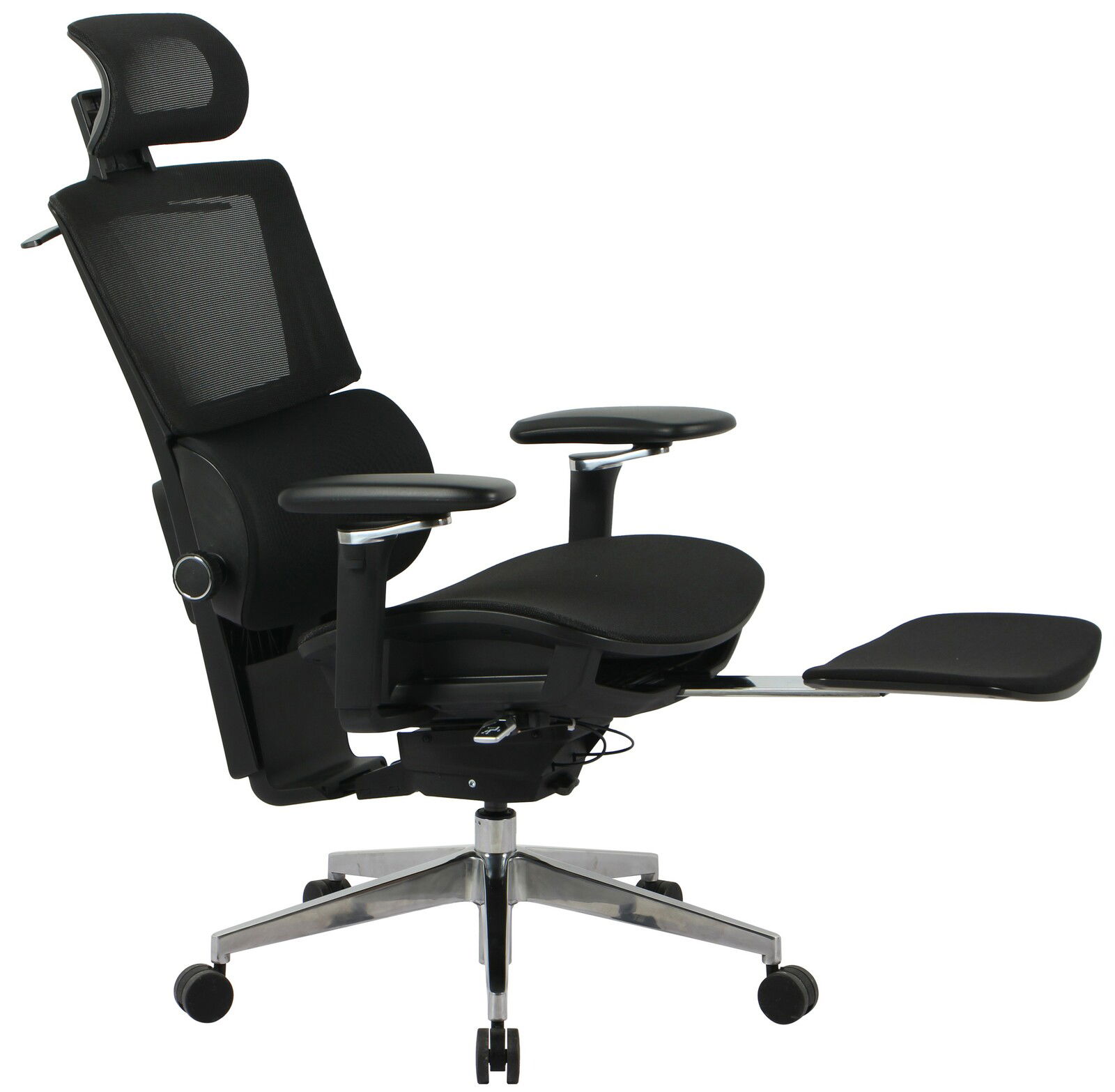 Moderner schwarzer Chefsessel mit verstellbarer Kopfstütze und Fußstütze, seitliche Perspektive