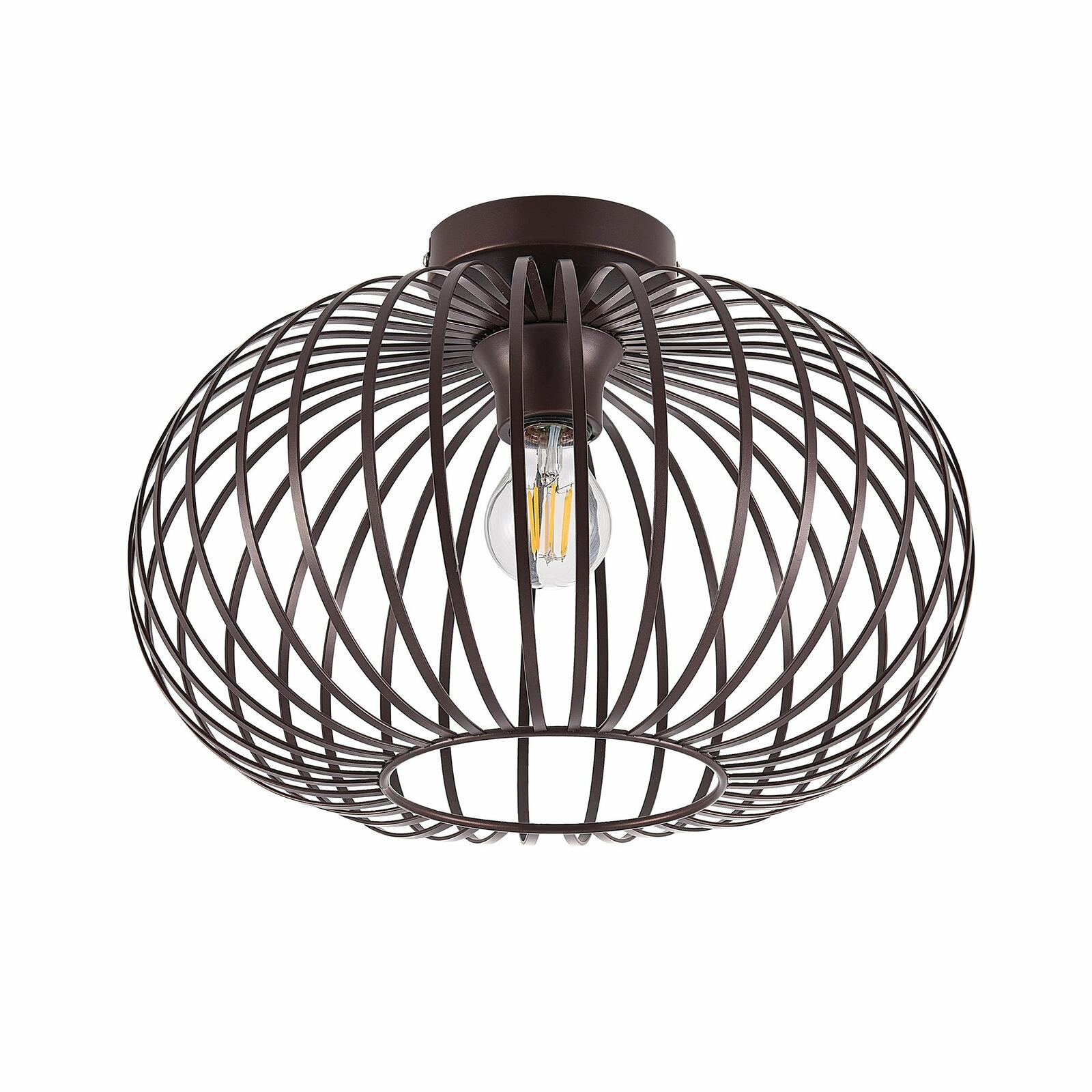 Moderne Deckenleuchte mit braunem, drahtigem Design, seitliche Perspektive