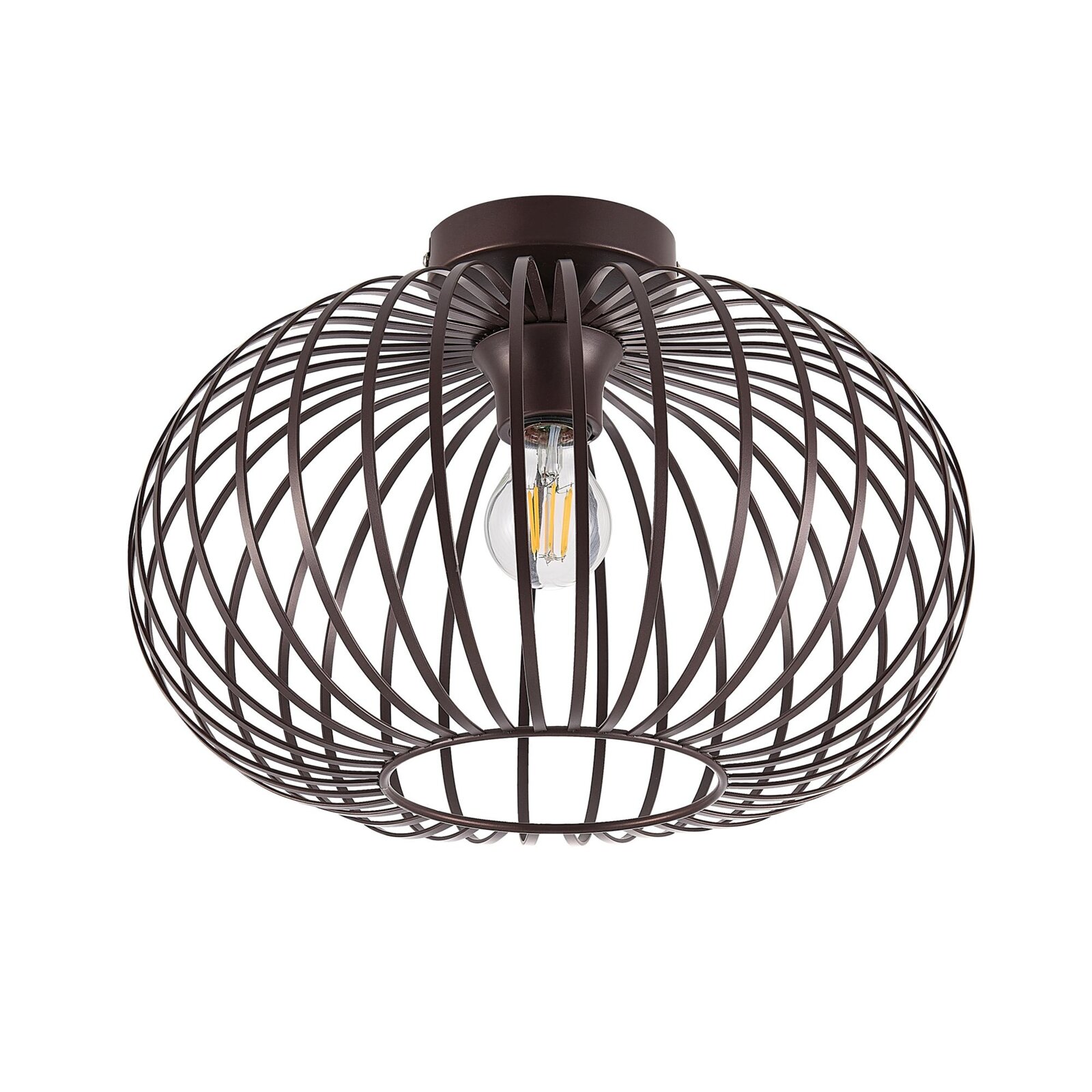 Moderne plafondlamp met een bruin, draadachtig ontwerp, zijaanzicht