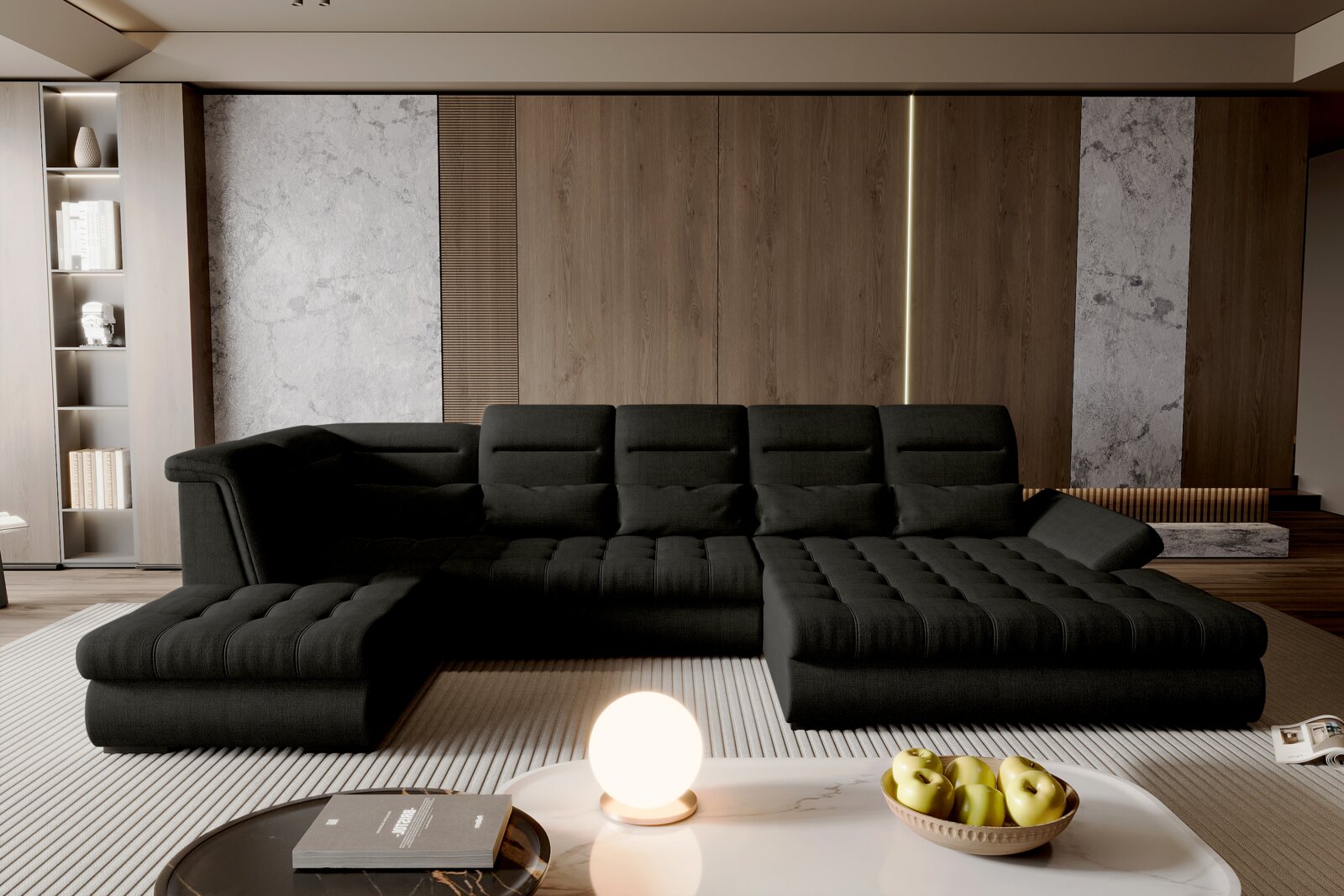 Modernes schwarzes, niedriges U-förmiges Lounge-Sofa mit gesteppter Sitzfläche und verstellbaren Rückenlehnen in einem eleganten Wohnzimmer, Perspektive: frontale Ansicht auf Augenhöhe.