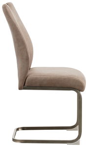 Seitenansicht eines modernen Schwingstuhls mit beigem Polster und Metallgestell.