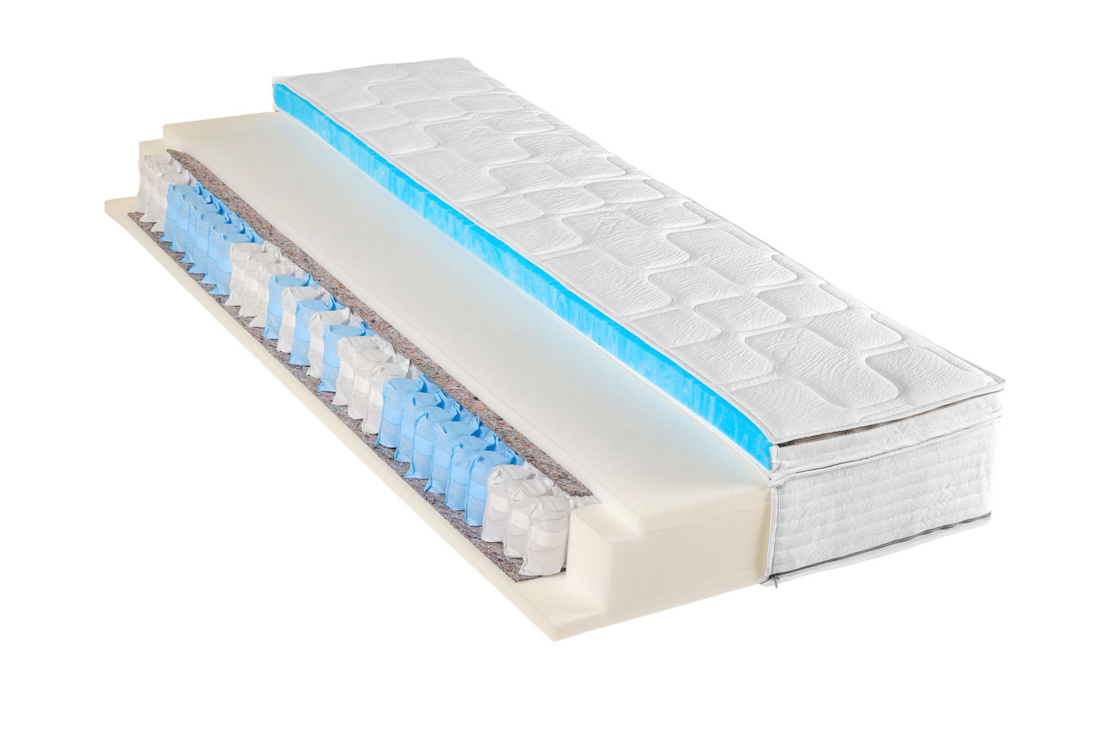 Sleeptex Taschenfederkernmatratze H2 GRAND T PLUS Querschnitt einer Taschenfederkernmatratze H2 mit sichtbaren Schichten und Federn, seitliche Perspektive