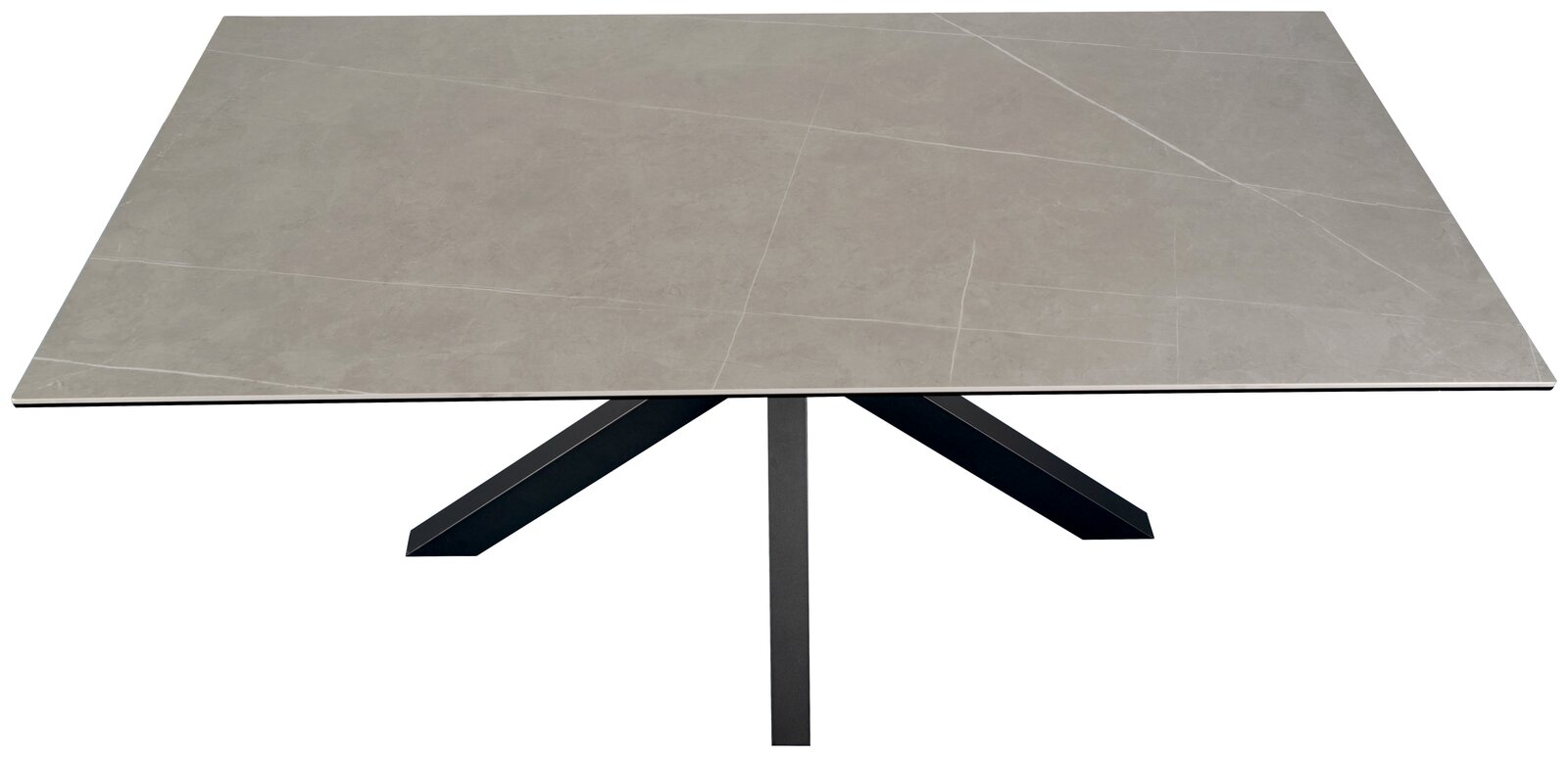 Moderner Esstisch mit grauer Tischplatte und schwarzem Metallgestell, Ansicht von oben.