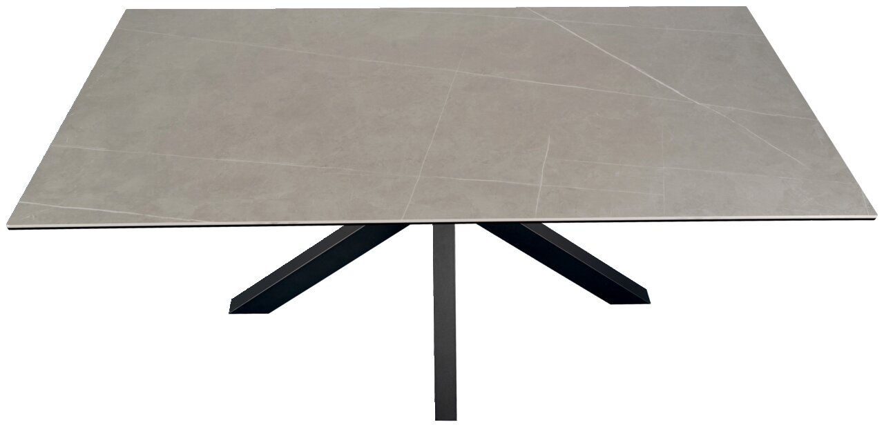 Moderne eettafel met grijs tafelblad en zwart metalen onderstel, gezien van bovenaf.