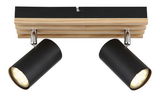 Deckenstrahler mit zwei schwarzen zylindrischen Leuchten auf einer Holzhalterung, Perspektive von unten.