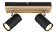 Deckenstrahler mit zwei schwarzen zylindrischen Leuchten auf einer Holzhalterung, Perspektive von unten.