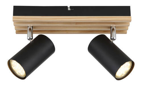 Deckenstrahler mit zwei schwarzen zylindrischen Leuchten auf einer Holzhalterung, Perspektive von unten.