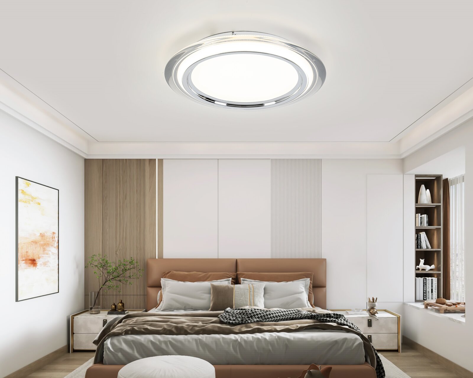 Novel LED-plafondlamp MACON Moderne led-plafondlamp in een stijlvolle slaapkamer, van onderaf gezien.