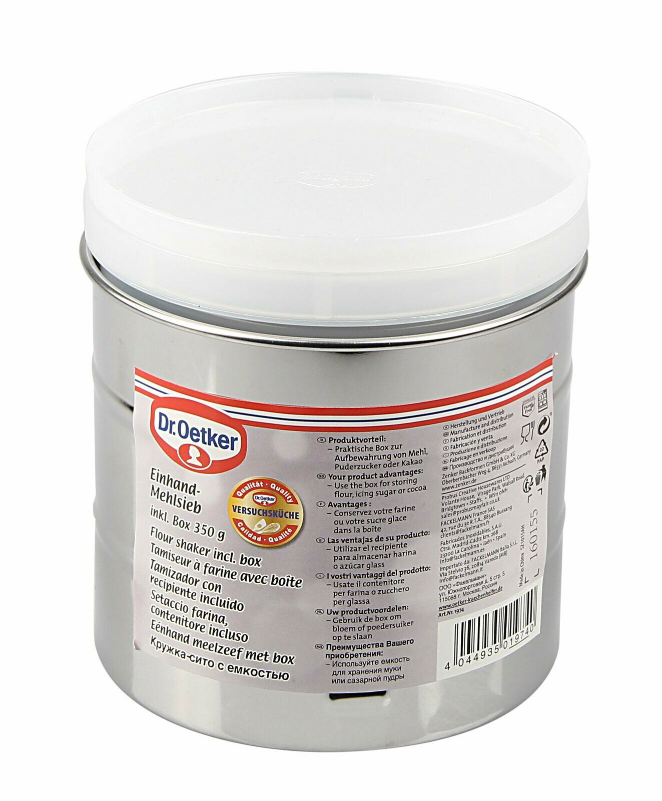 Dr. Oetker Einhand-Mehlsieb mit Box, 350g, aus seitlicher Perspektive