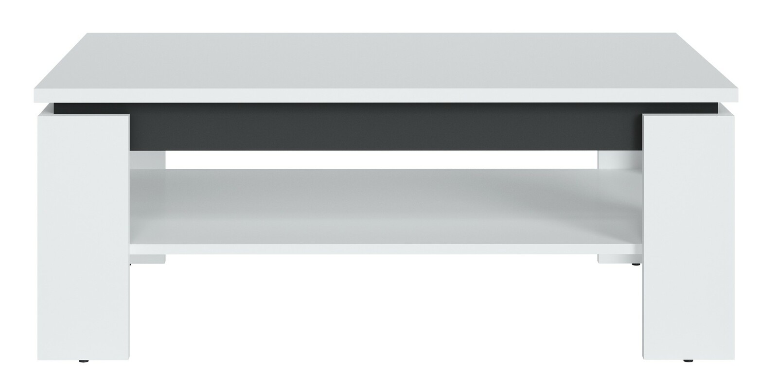 Moderner Couchtisch in Weiß mit schwarzem Akzent, frontal betrachtet