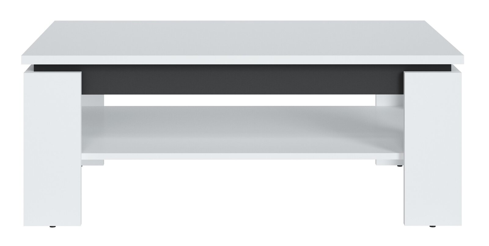Moderner Couchtisch in Weiß mit schwarzem Akzent, frontal betrachtet