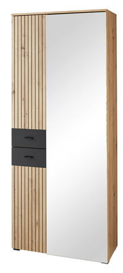 XL-Schuh- und Garderobenschrank mit Holzlamellen und Spiegeltür, seitliche Perspektive