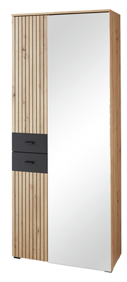 XL-Schuh- und Garderobenschrank mit Holzlamellen und Spiegeltür, seitliche Perspektive