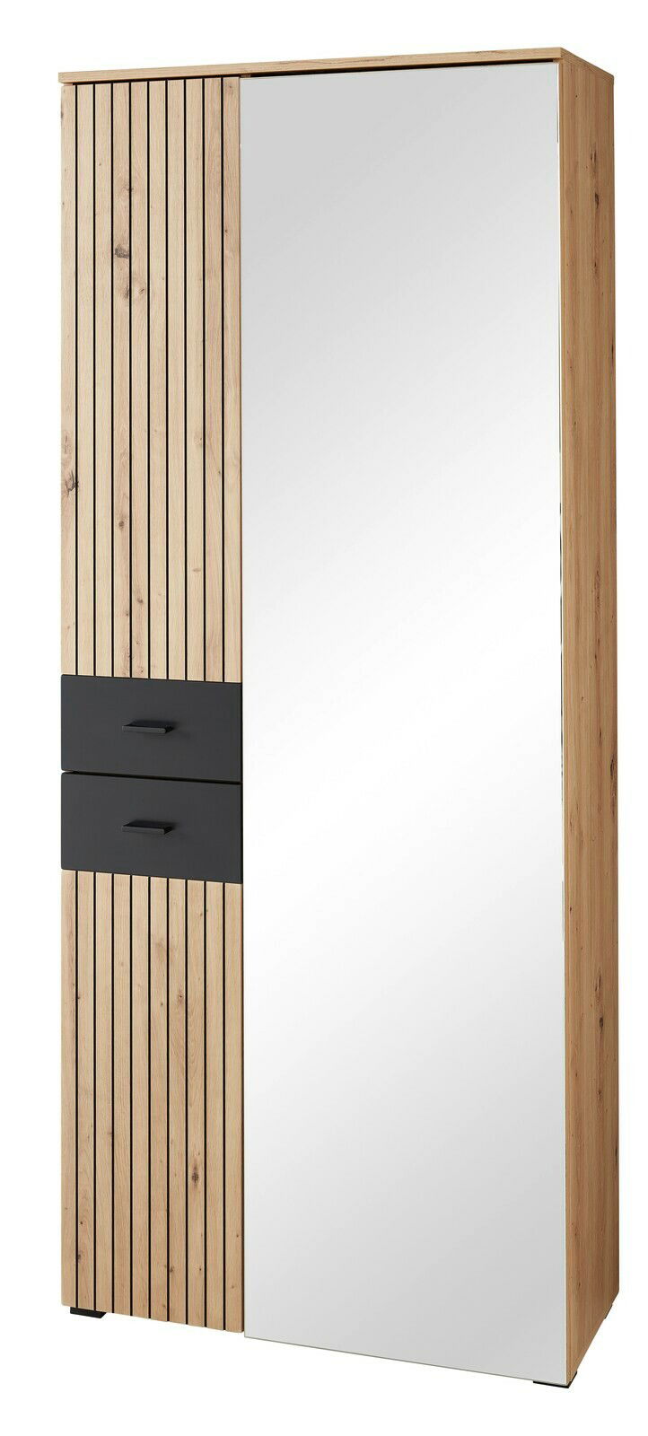 XL-Schuh- und Garderobenschrank mit Holzlamellen und Spiegeltür, seitliche Perspektive