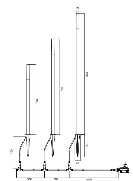 Technische Zeichnung von einem 3er-Set LED-Gartenleuchten in Seitenansicht mit unterschiedlichen Höhen und Erdspießen.